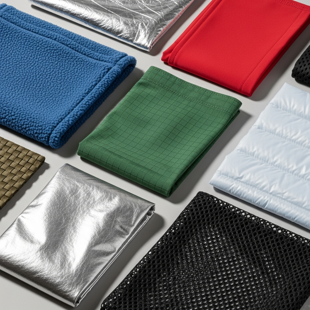 swatches of technical fabrics like fleece, ripstop nylon, and breathable air mesh