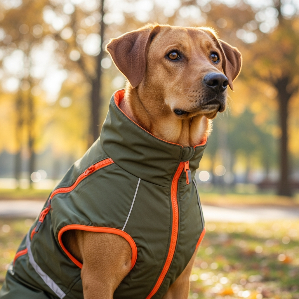 a stylish dog wearing a functional jacket in a trendy color palette, looking comfortable and happy