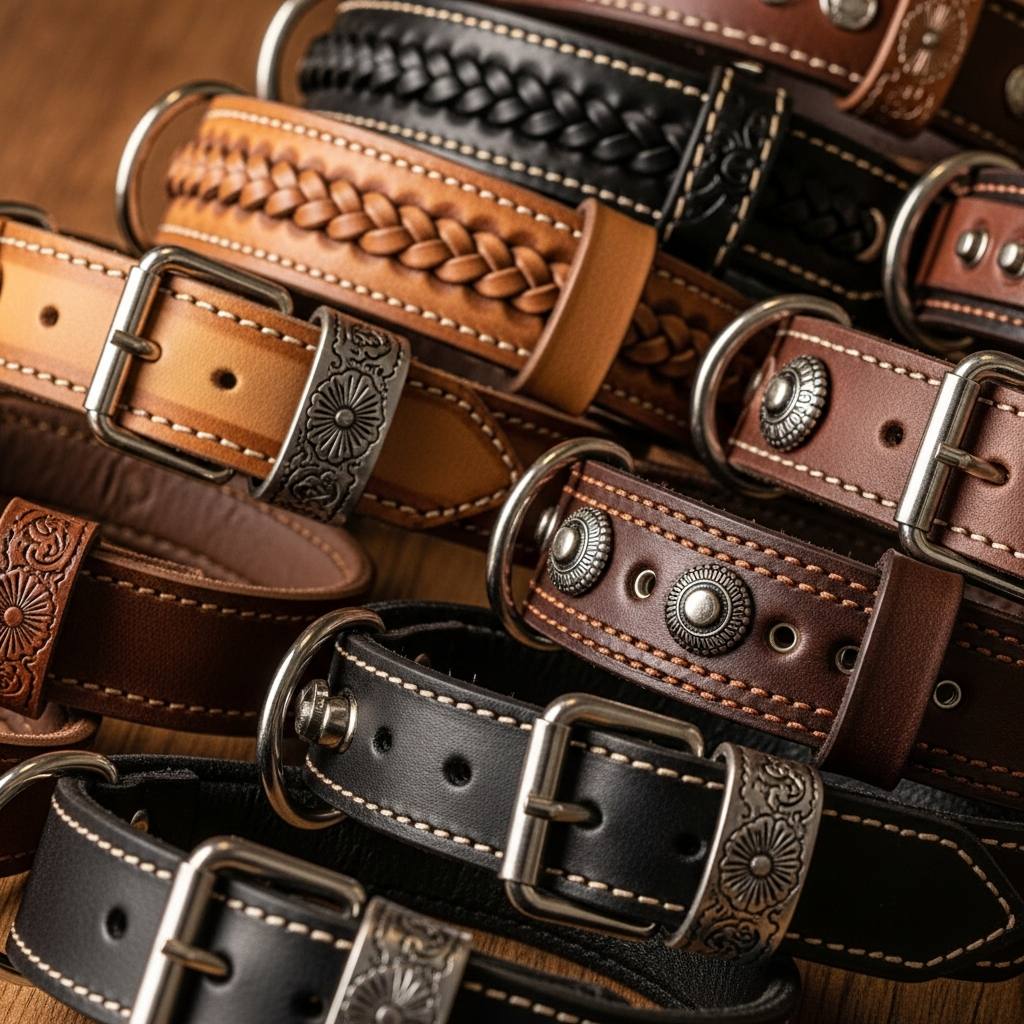 a collection of handcrafted leather dog collars in various shades of brown and black
