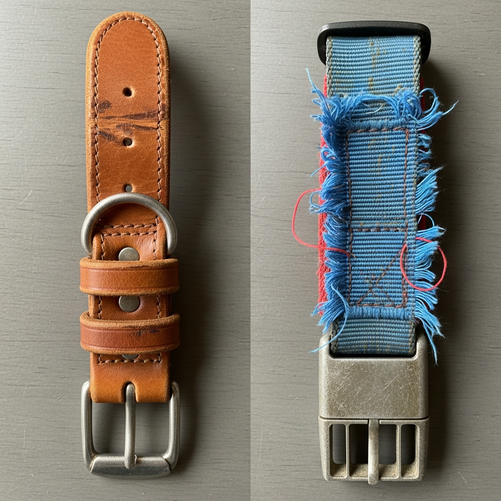 a close-up comparison showing a well-worn leather collar next to a frayed nylon collar