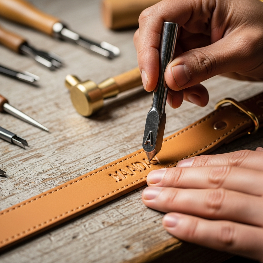 a designer's hands using a tool to stamp a name onto a leather dog collar