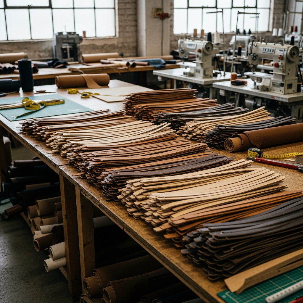 stacks of pre-cut leather straps ready for production in a workshop