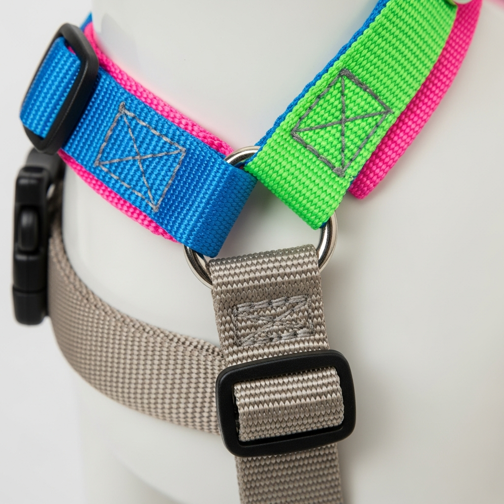 a close-up of a harness showing a brightly colored top strap and a neutral-colored belly strap
