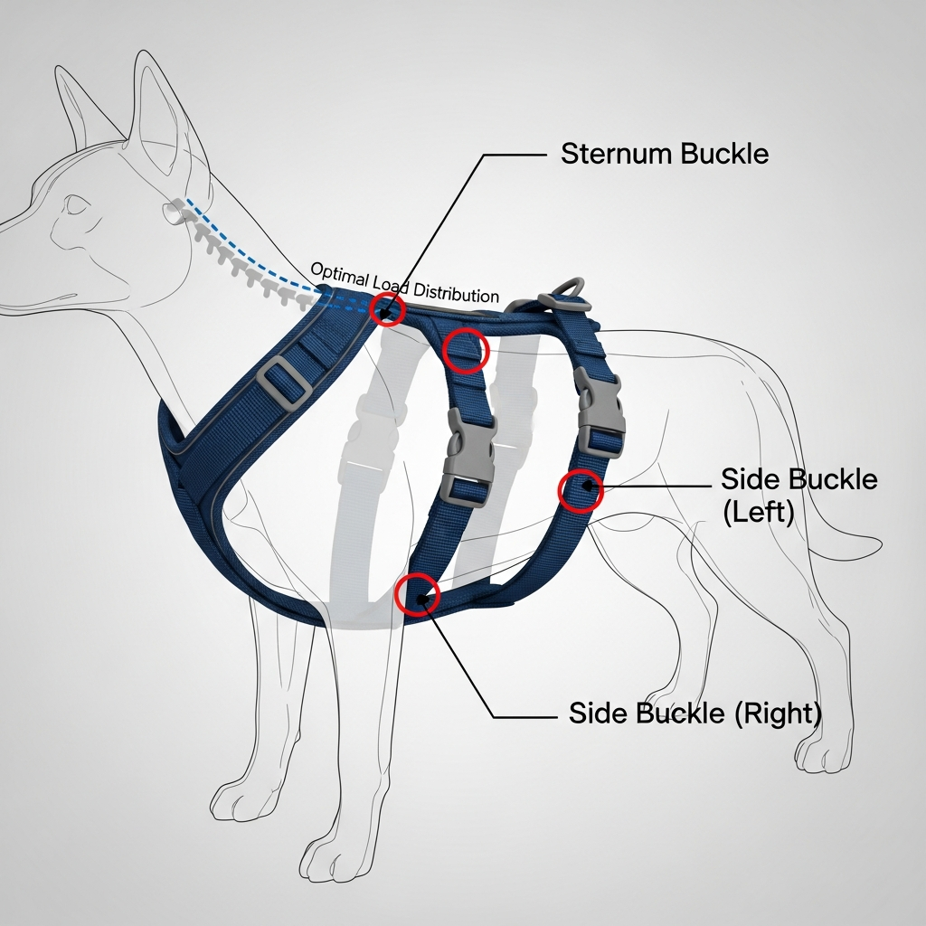 a diagram showing optimal buckle placement on a dog harness for ease of use