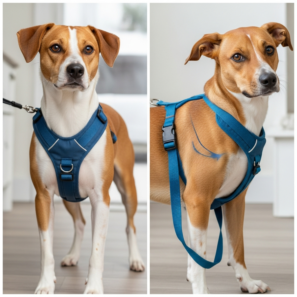 an image comparing a well-fitting over-the-head harness to a poorly fitting step-in harness