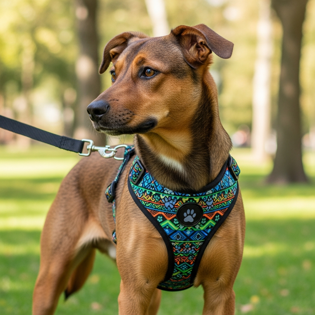 A dog wearing a well-fitted front-clip no-pull harness.