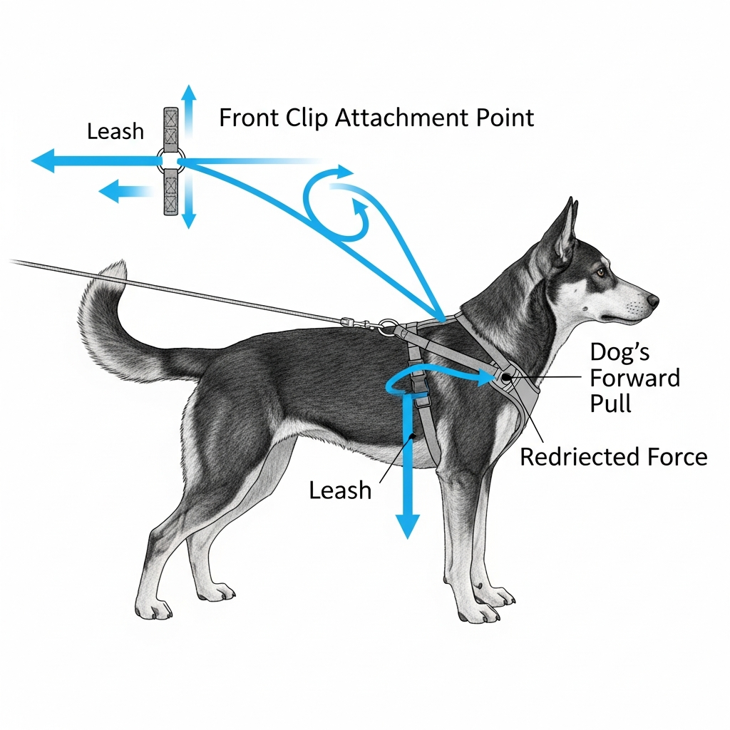 A diagram showing the physics of a front-clip harness redirecting a dog's pull.