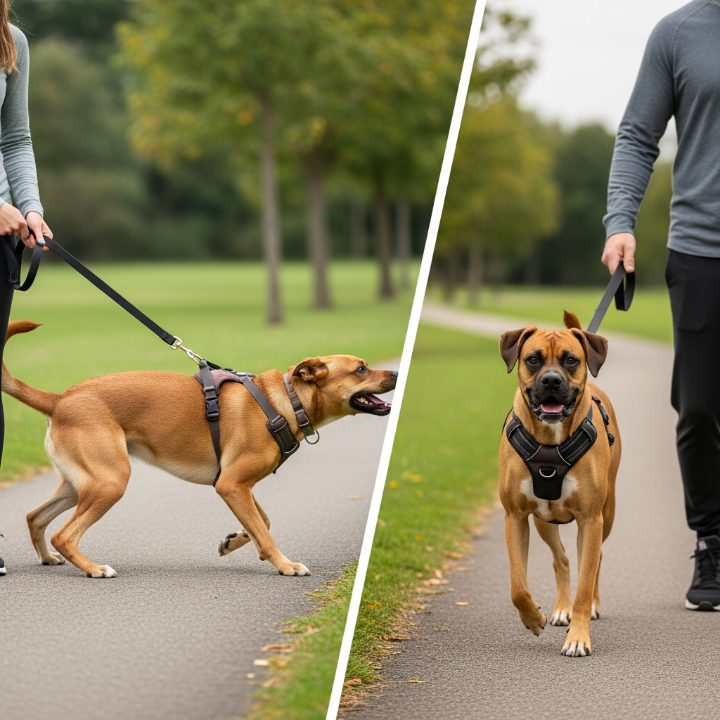 A side-by-side comparison of a dog pulling on a back-clip harness versus walking calmly on a front-clip harness.