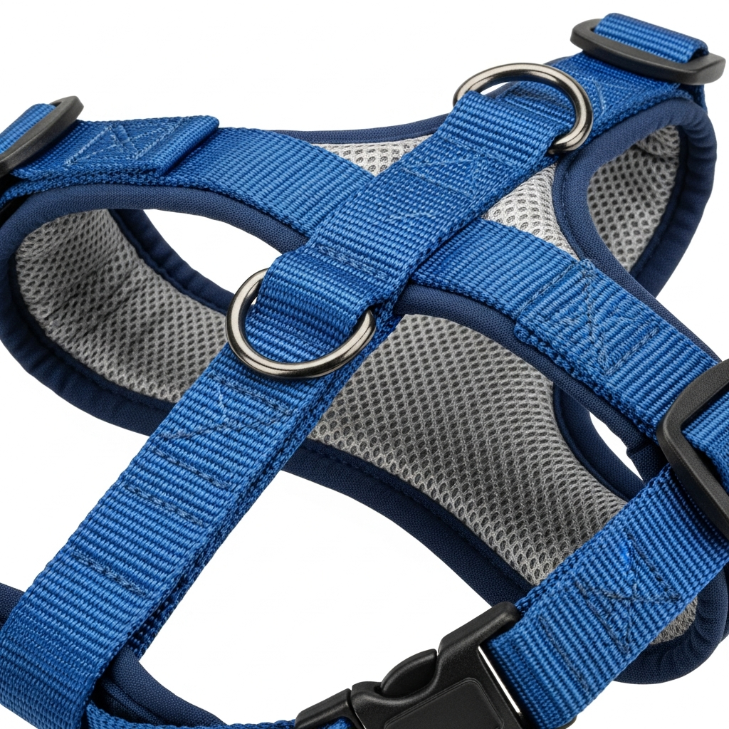 A close-up shot of a high-quality no-pull harness showing padded mesh lining and sturdy nylon webbing.