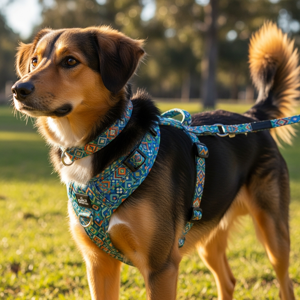 A dog wearing a perfectly fitted harness and collar, ready for a safe walk.