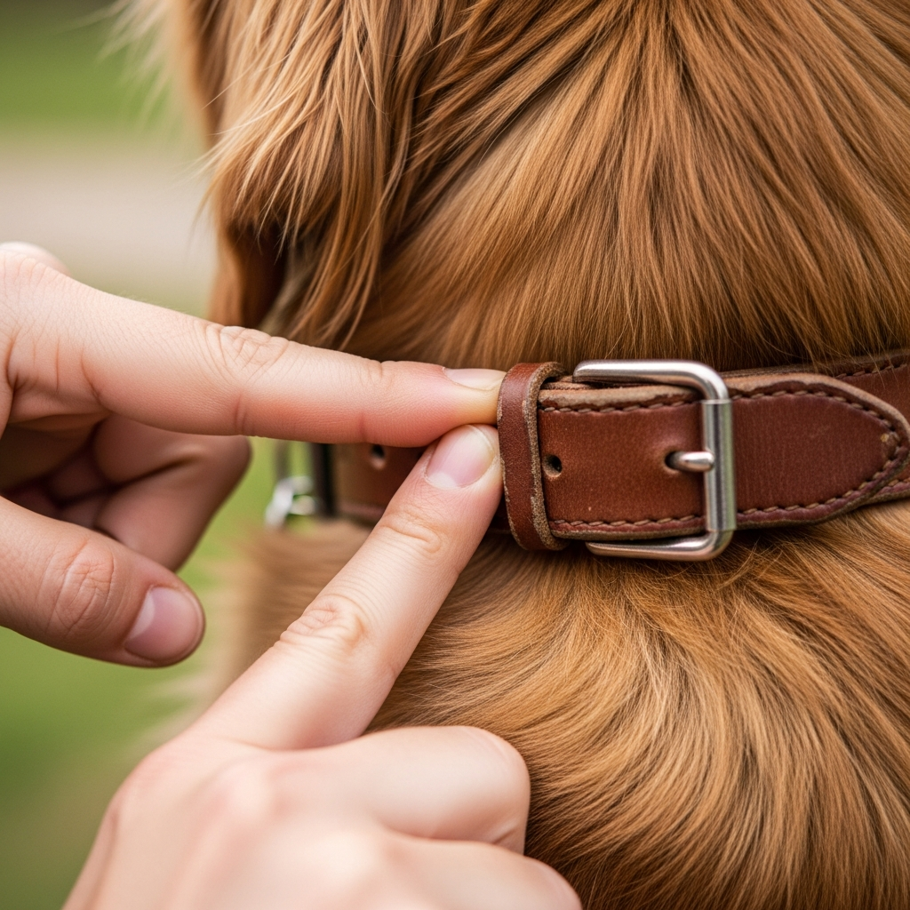 A close-up view showing two fingers fitting snugly under a dog's collar.