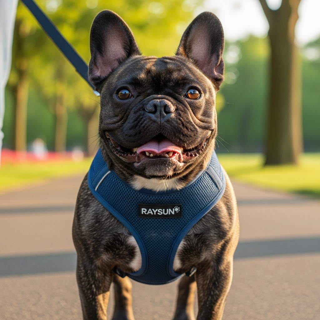 A happy French Bulldog wearing a comfortable chest-led harness.