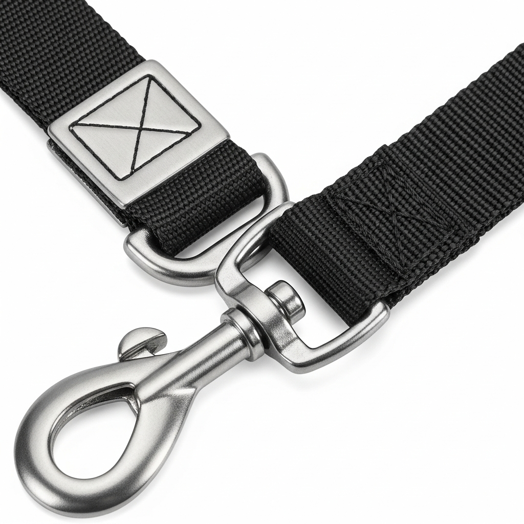 A detailed shot of a robust, high-quality metal leash clasp and durable nylon webbing.