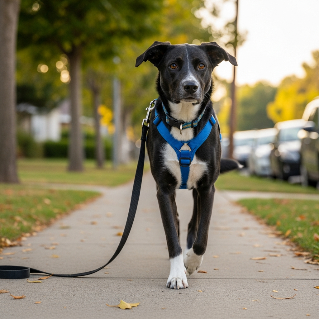 A dog walking calmly on a no-pull harness with a front-clip leash.