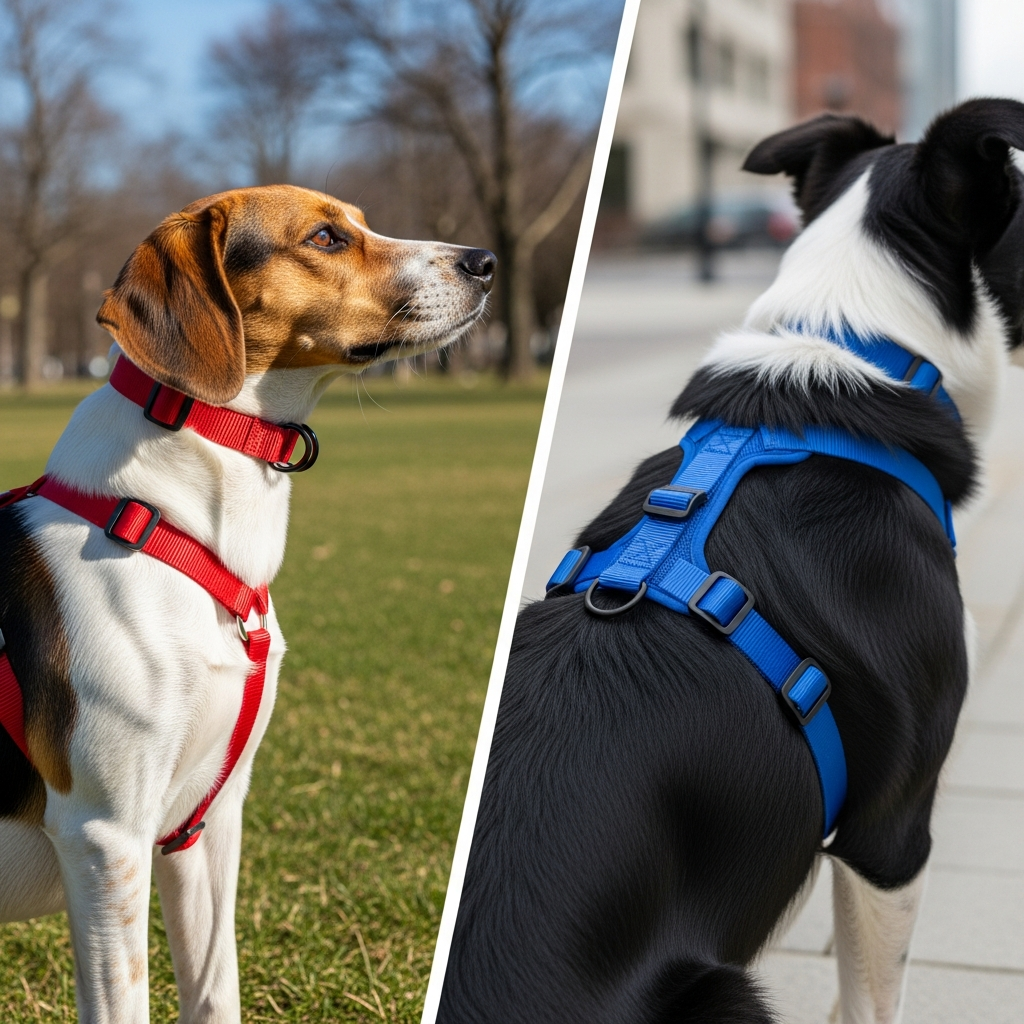 A split-screen image showing a front-clip harness on one side and a back-clip harness on the other.