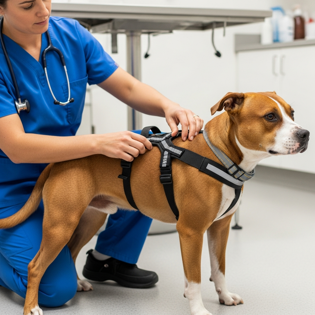 A veterinarian checking the fit of a Y-shaped no-pull harness on a dog.