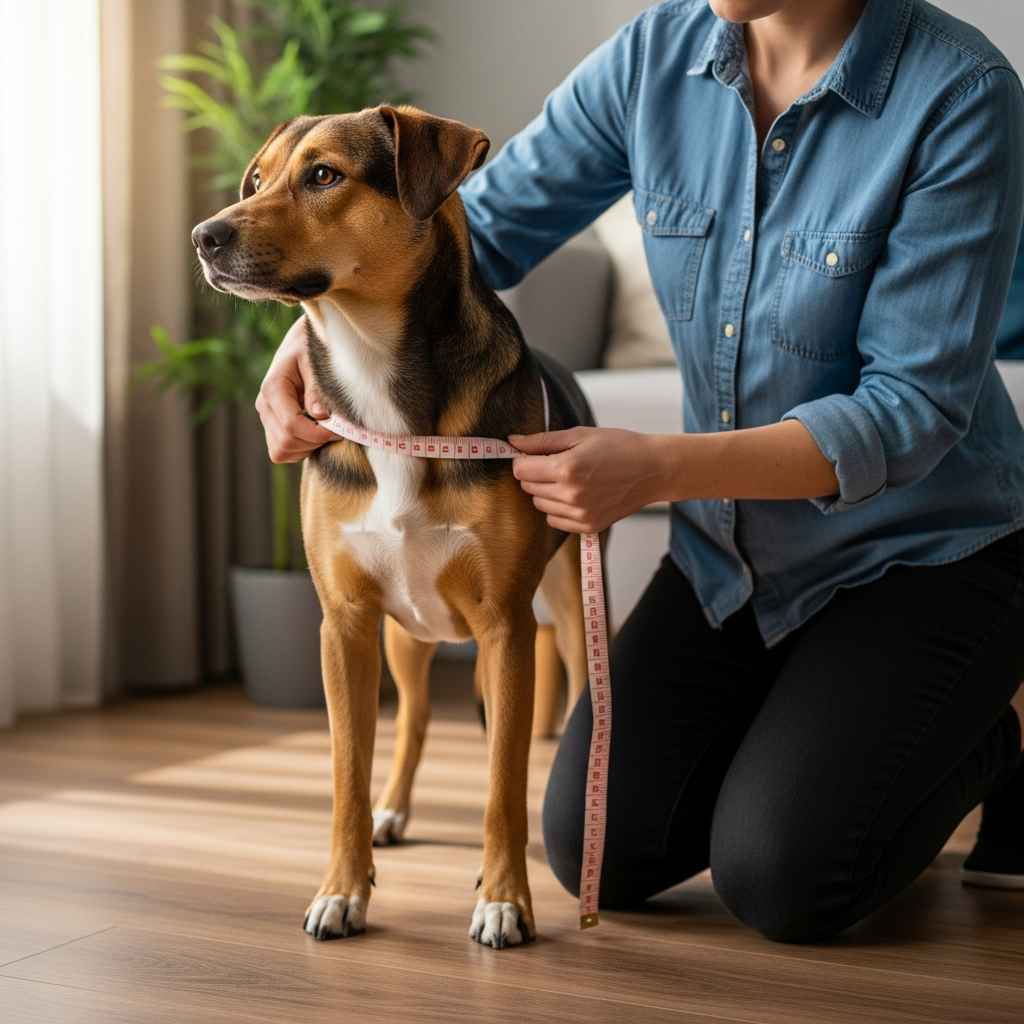 A person measuring their dog's chest girth with a soft tape measure.