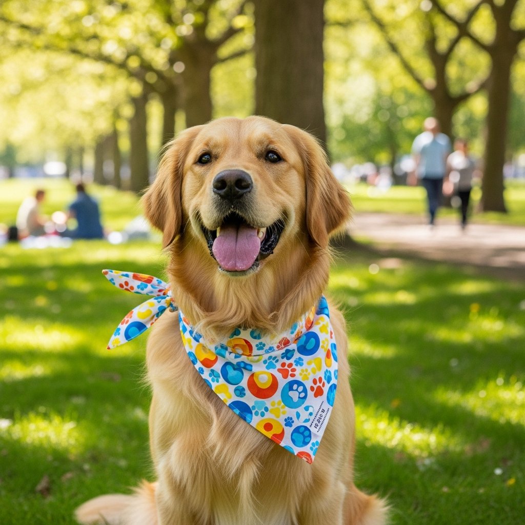 A happy Golden Retriever wearing a stylish, colorful bandana in a park.