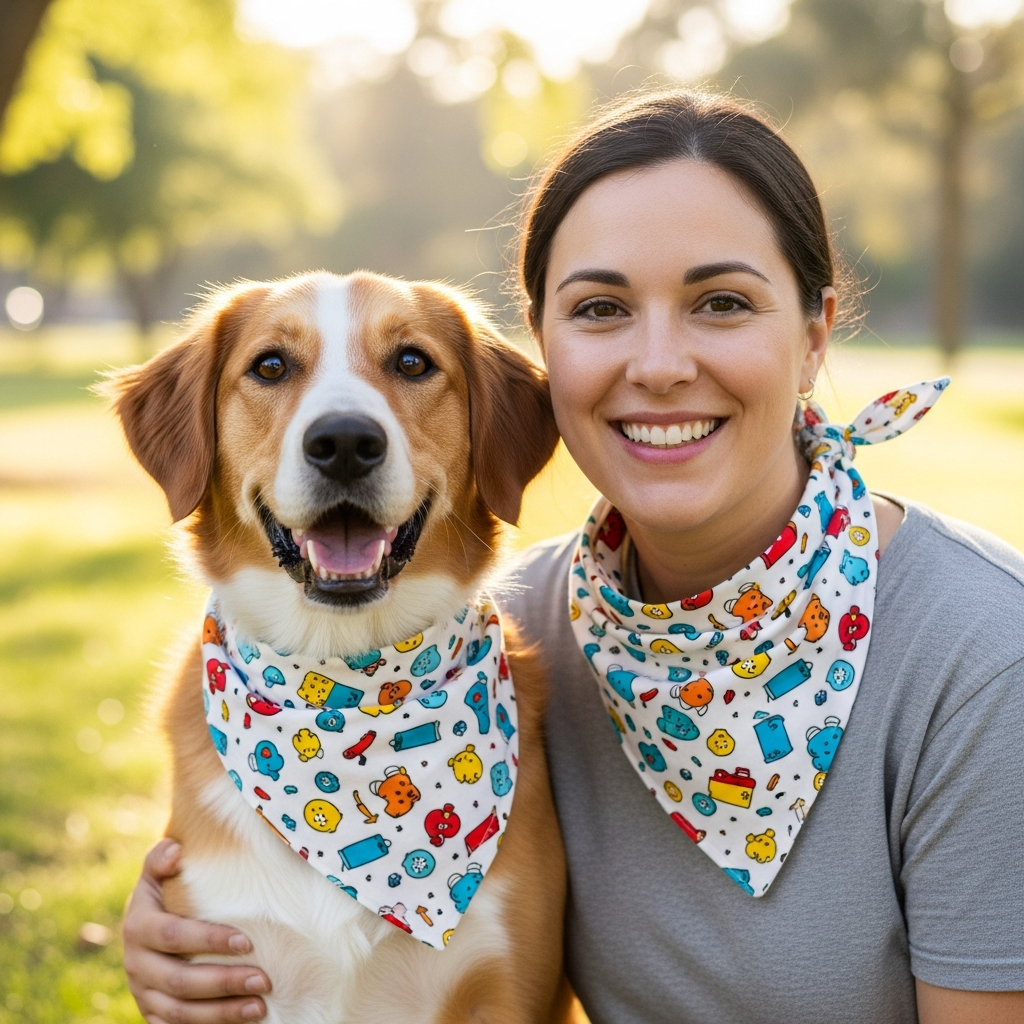 A person and their dog wearing matching bandanas, smiling at the camera.