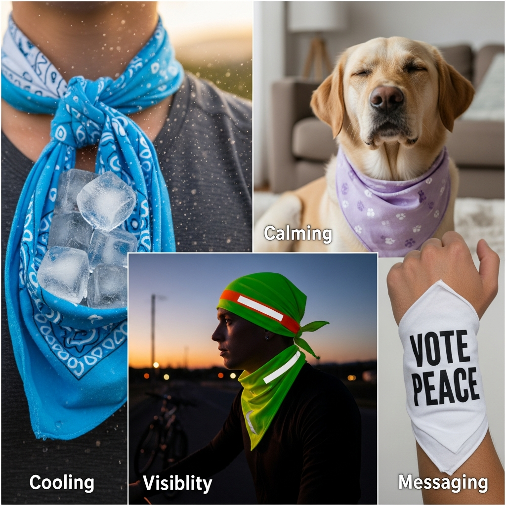 A collage of four images showing a bandana being used for cooling, calming, visibility, and messaging.