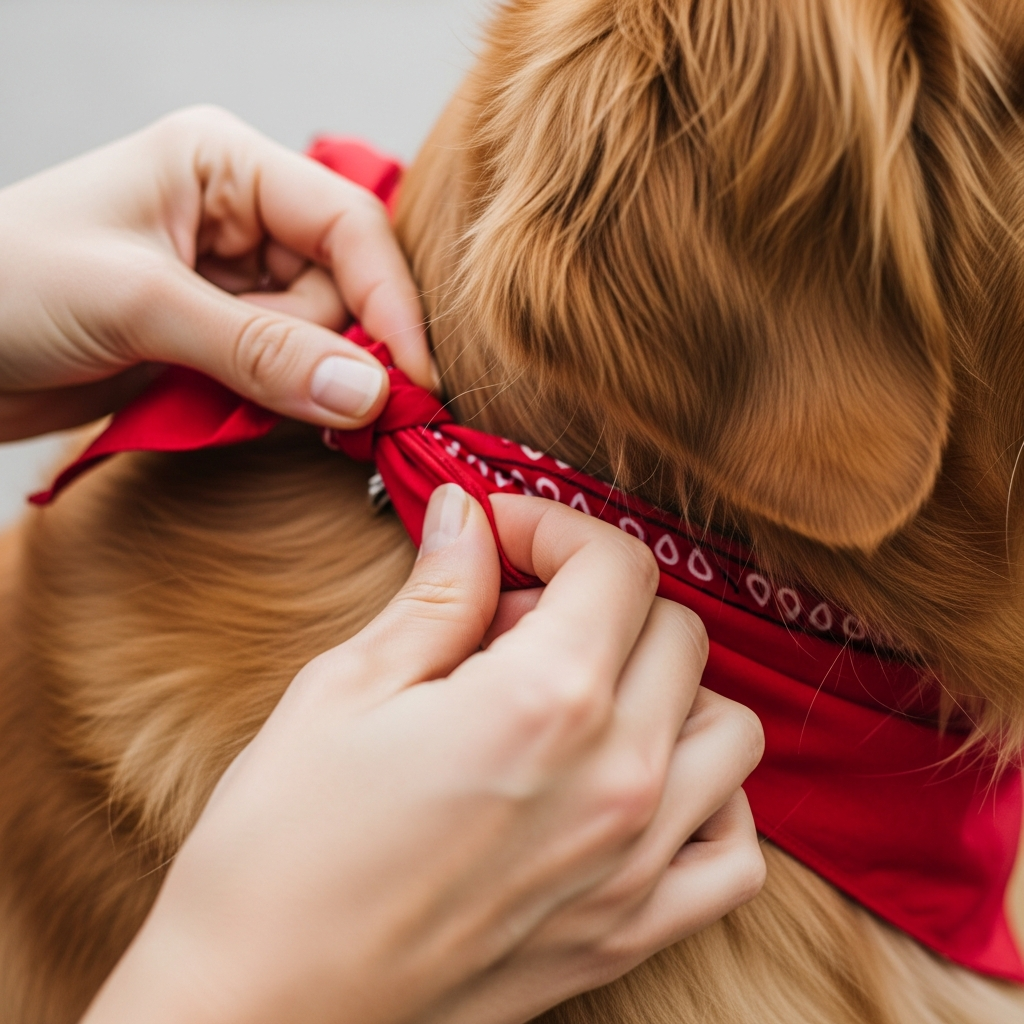 A close-up of a person checking the fit of a dog's bandana using two fingers.