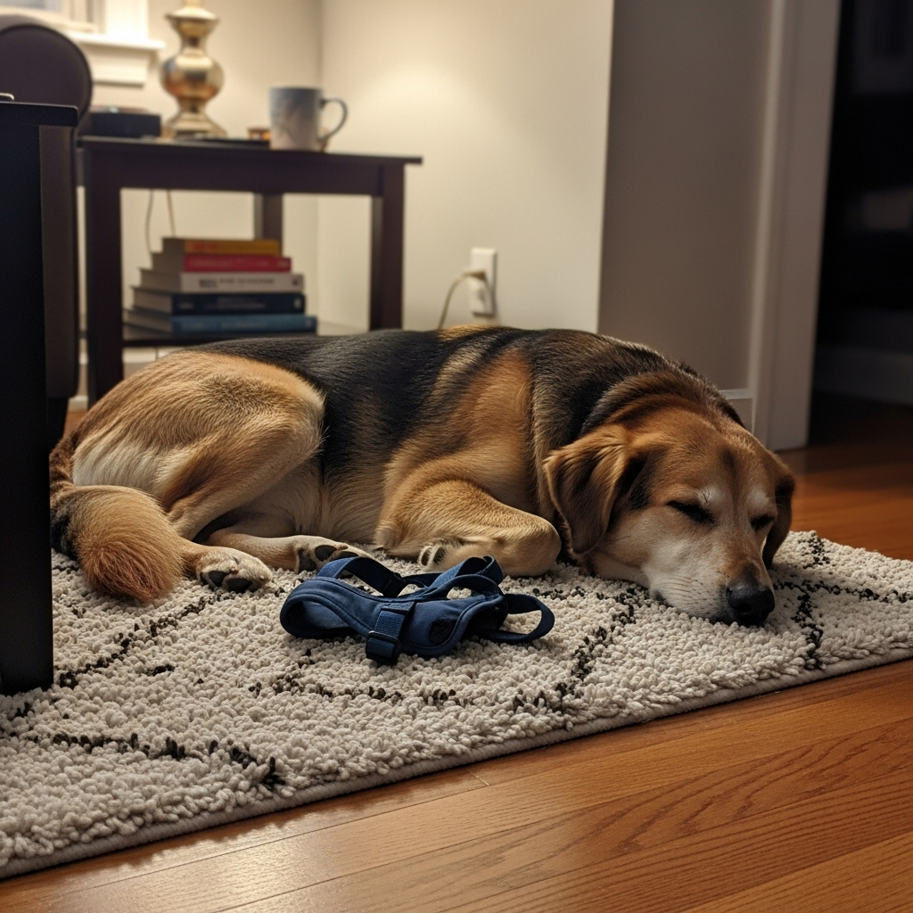 A dog relaxing comfortably on a rug at home, with its harness removed and placed nearby.