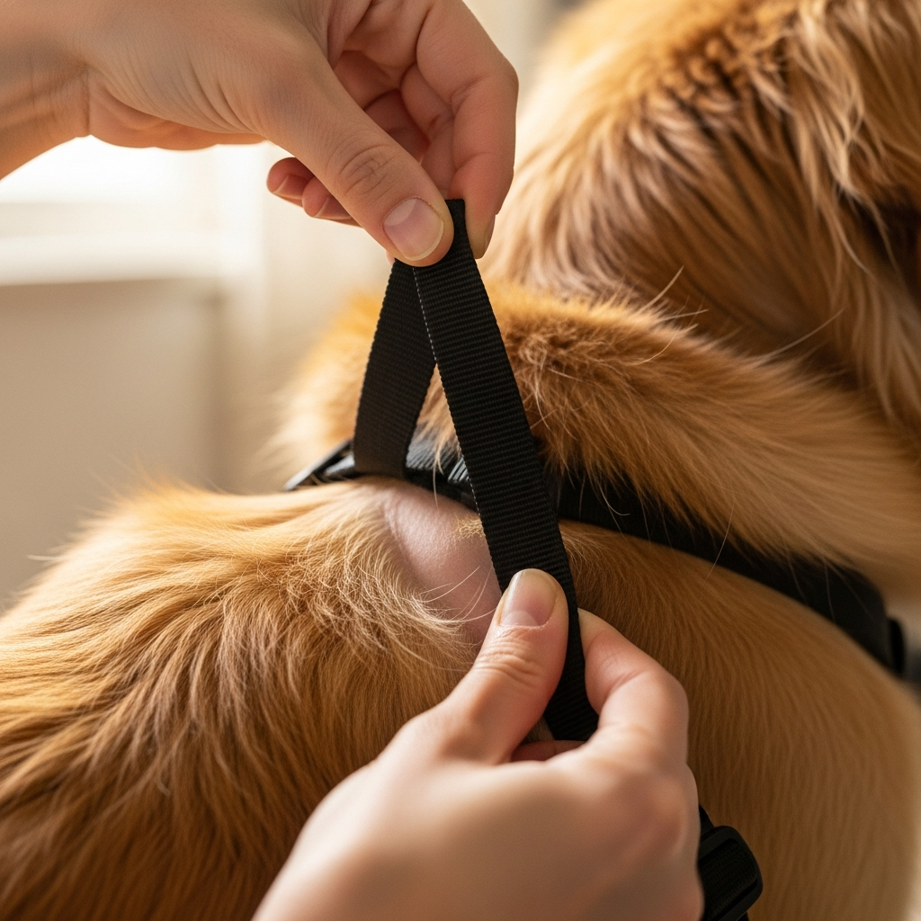 A person gently lifting a harness strap to inspect the dog's skin underneath for any signs of redness.