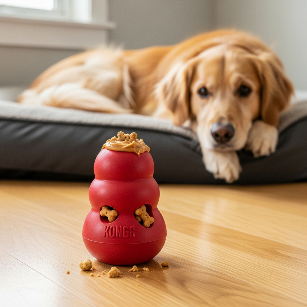 A durable rubber chew toy filled with treats is placed on the floor for a dog who is home alone.