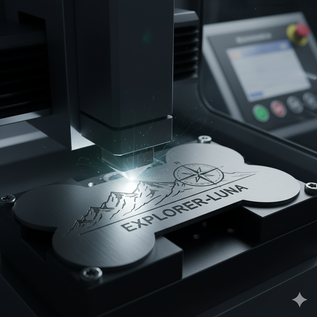 A close-up of a fiber laser engraving a detailed design onto a stainless steel dog tag.
