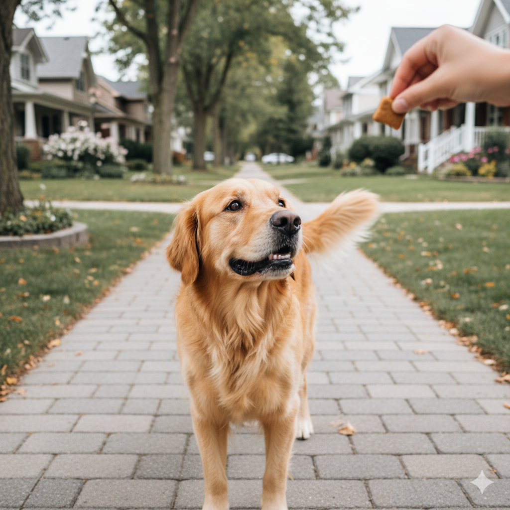A dog walking on a quiet sidewalk, looking up at its owner expectantly for a treat.