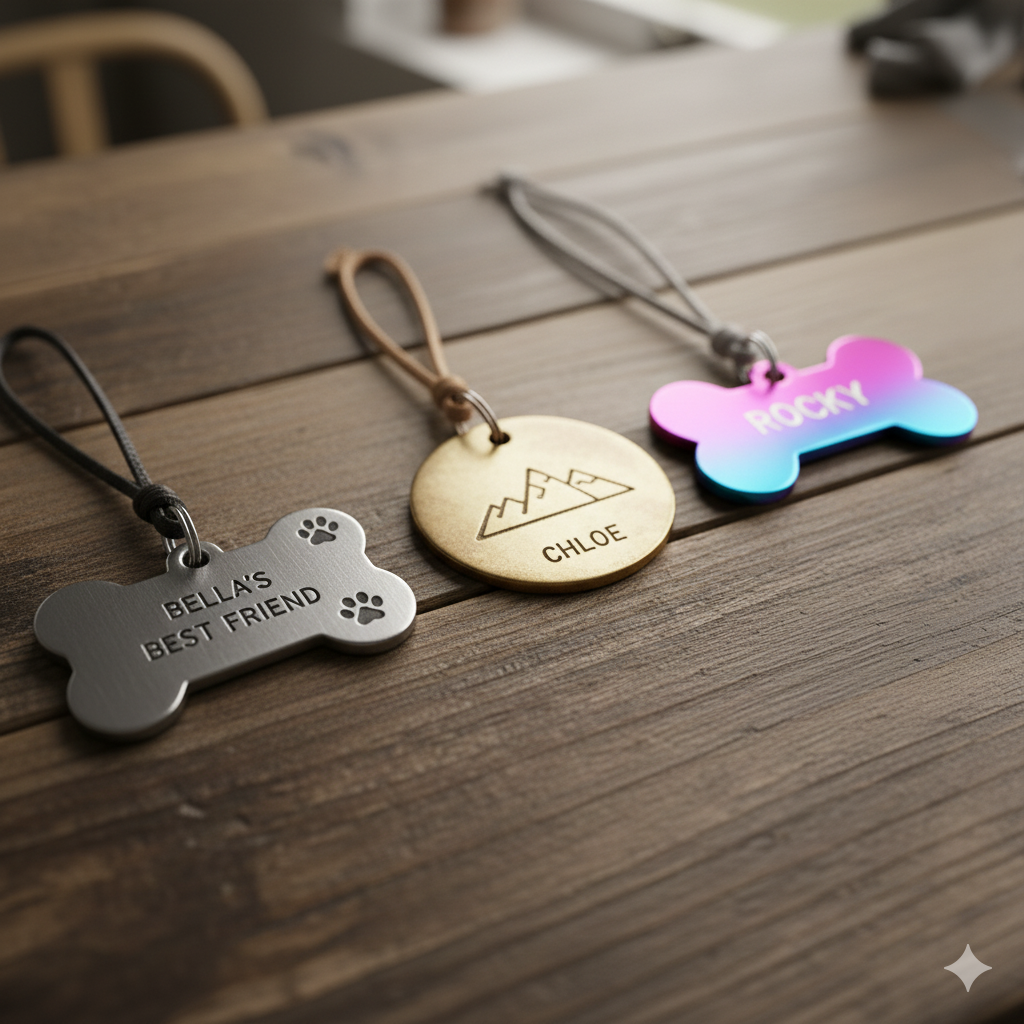 A close-up comparison of dog tags made of stainless steel, brass, and colorful anodized aluminum.