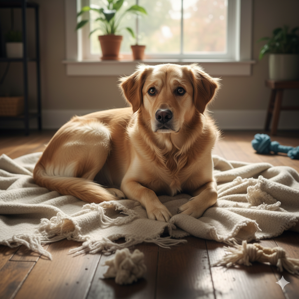 An anxious-looking dog lying on a partially chewed blanket.