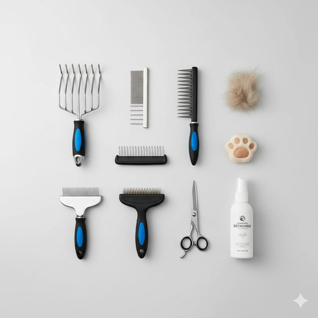 A flat lay of essential dog grooming tools for dematting on a clean background.