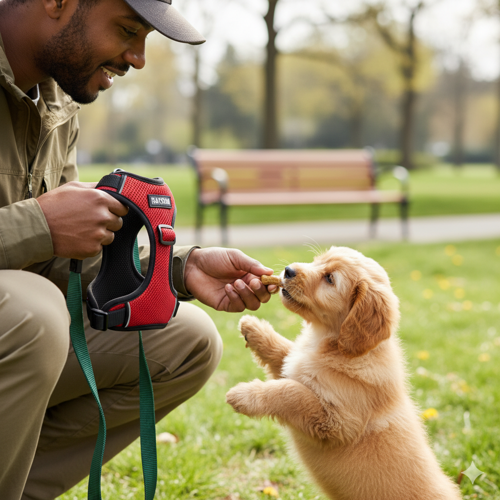 A person holding a harness in one hand while giving a treat to a curious puppy with the other.