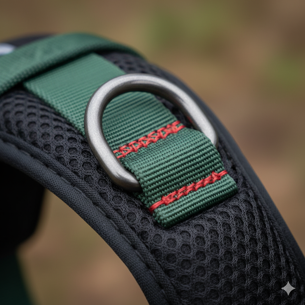 A close-up shot showcasing the quality details of a harness: reinforced stitching, metal D-ring, and mesh padding.