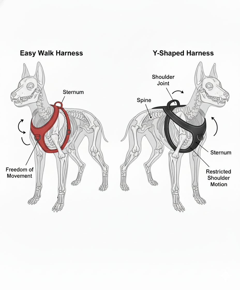 An illustration comparing the fit of an Easy Walk harness to a Y-shaped harness on a dog's skeleton.