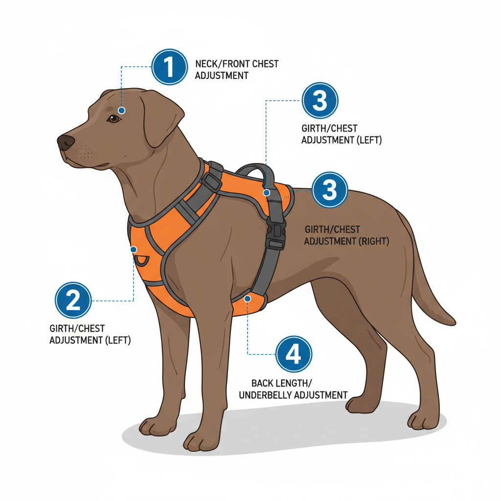 An illustration highlighting the four primary adjustment points on a modern dog harness.