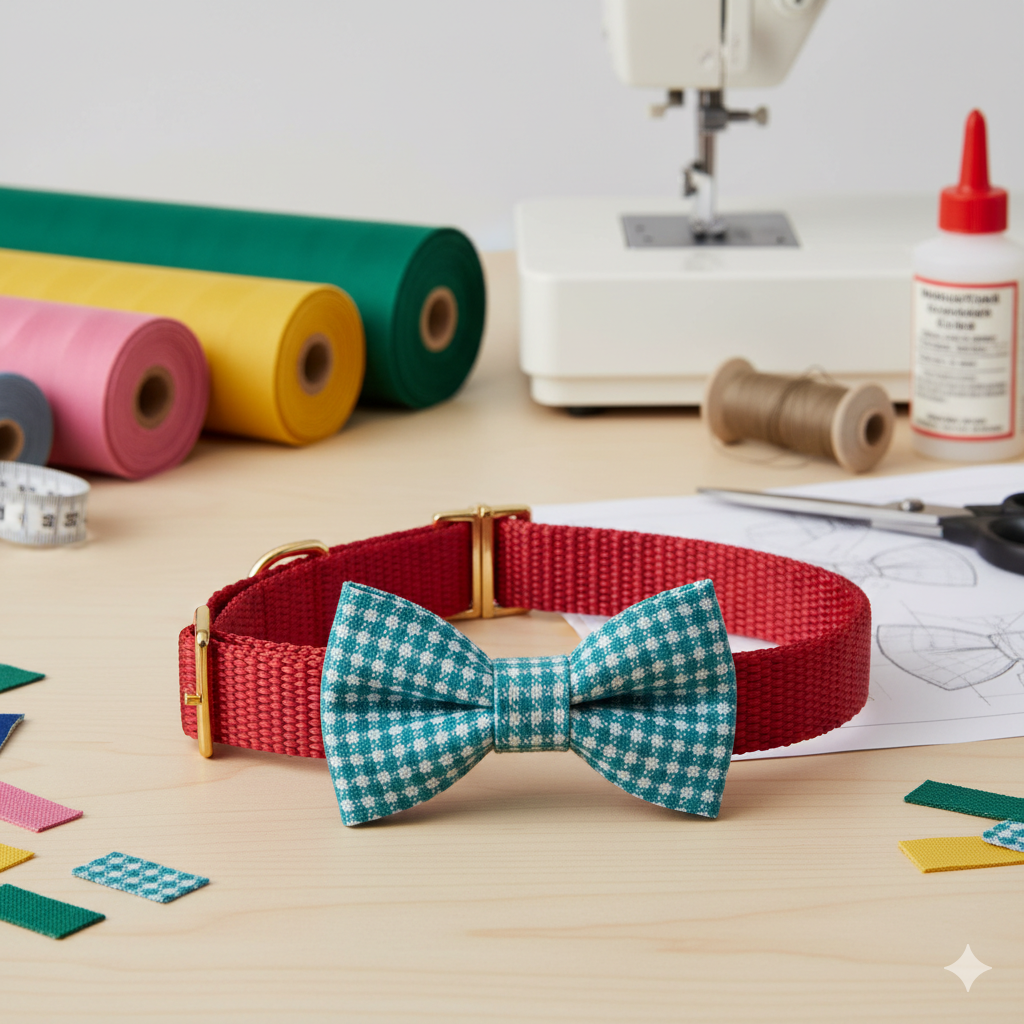 A stylish and durable dog bow attached to a vibrant dog collar