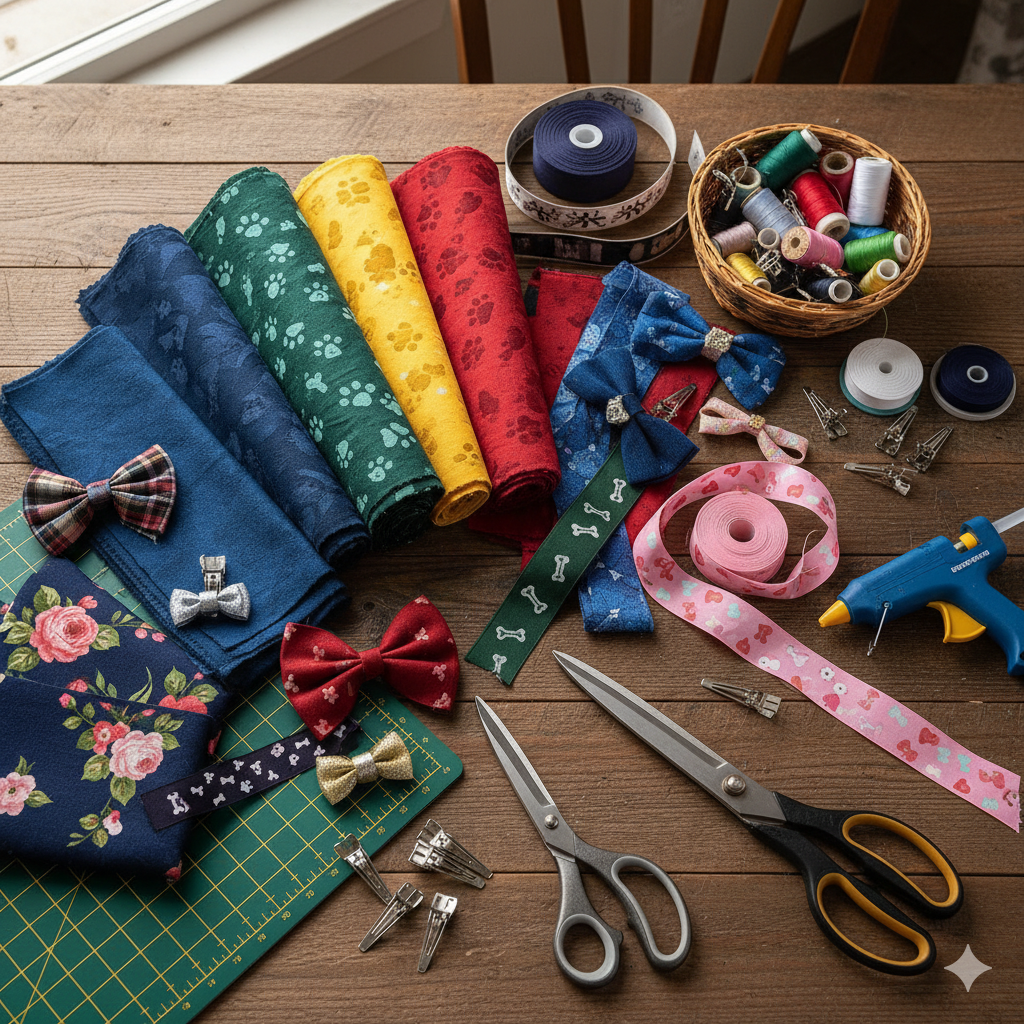 An assortment of durable fabrics, ribbons, threads, and cutting tools for making dog bows