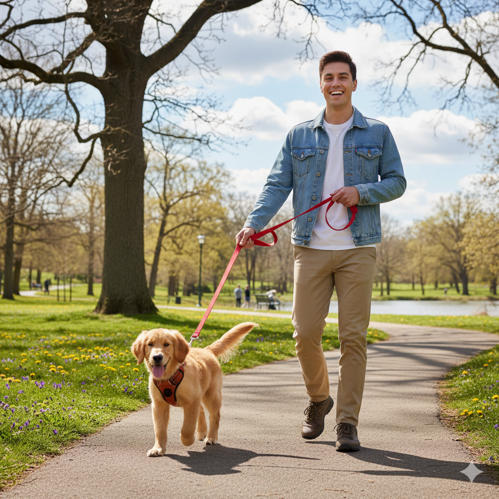 A happy owner and their puppy walking calmly together on a loose leash in a park.