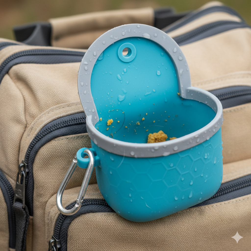 A close-up of a removable, washable silicone treat pouch from a dog walking bag