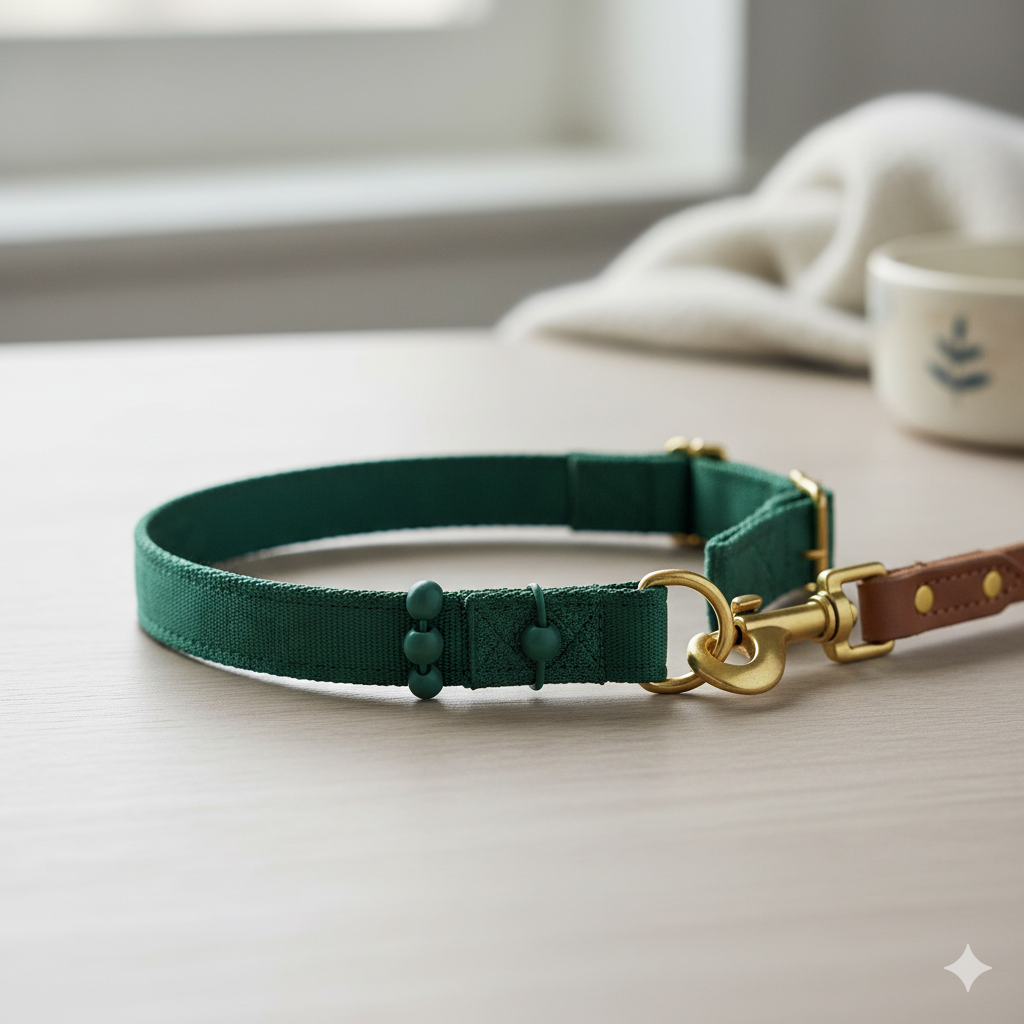 A close-up of a Martingale collar showing its two-loop design and the mechanism that prevents it from fully closing.