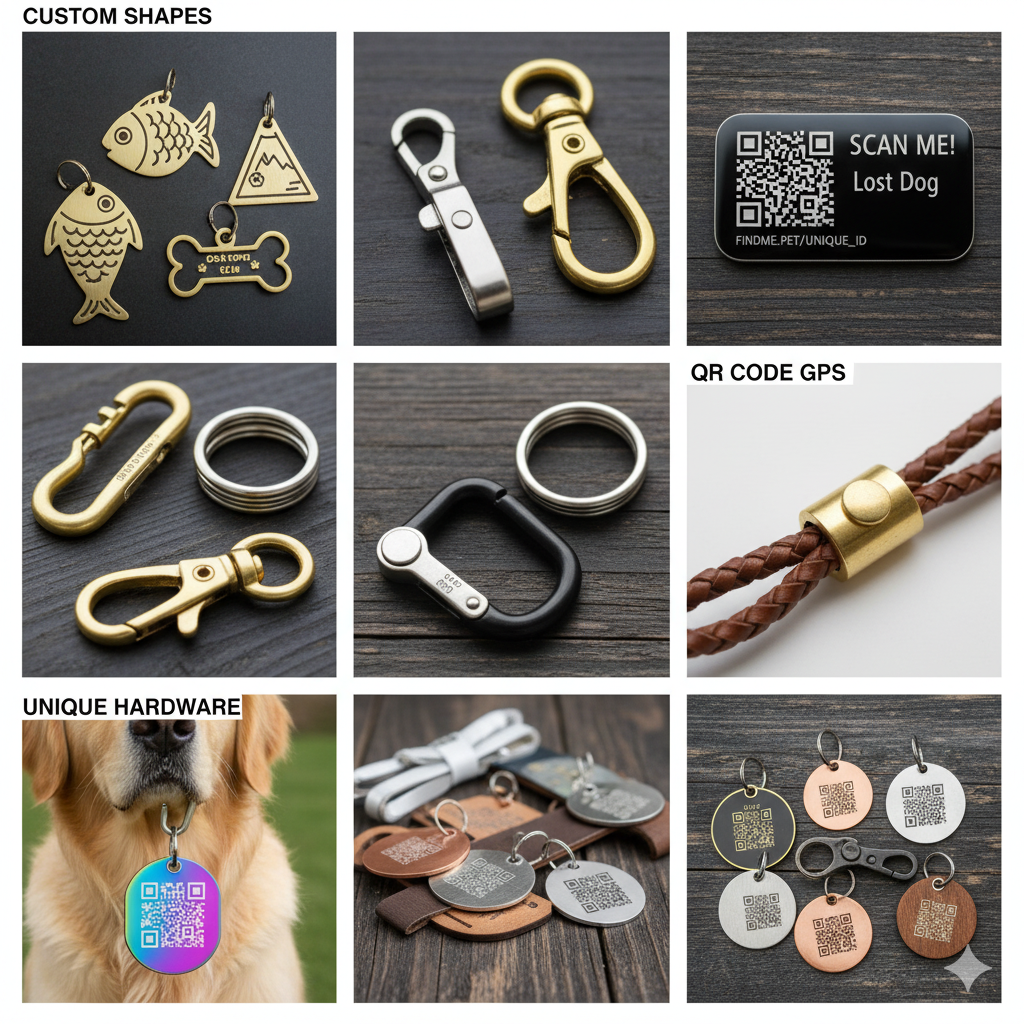 A mood board showing custom-shaped dog tags, QR code integration, and unique attachment hardware.