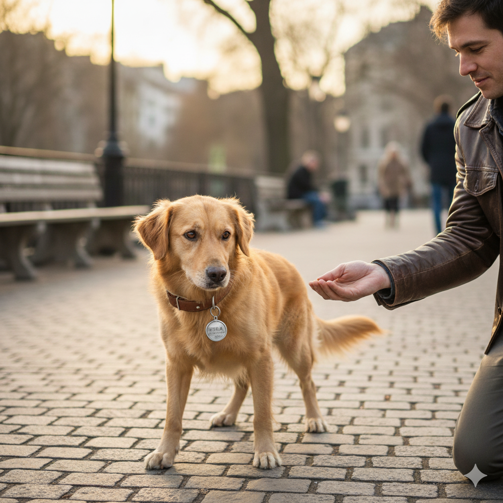A dog looking cautiously toward a stranger's outstretched hand.