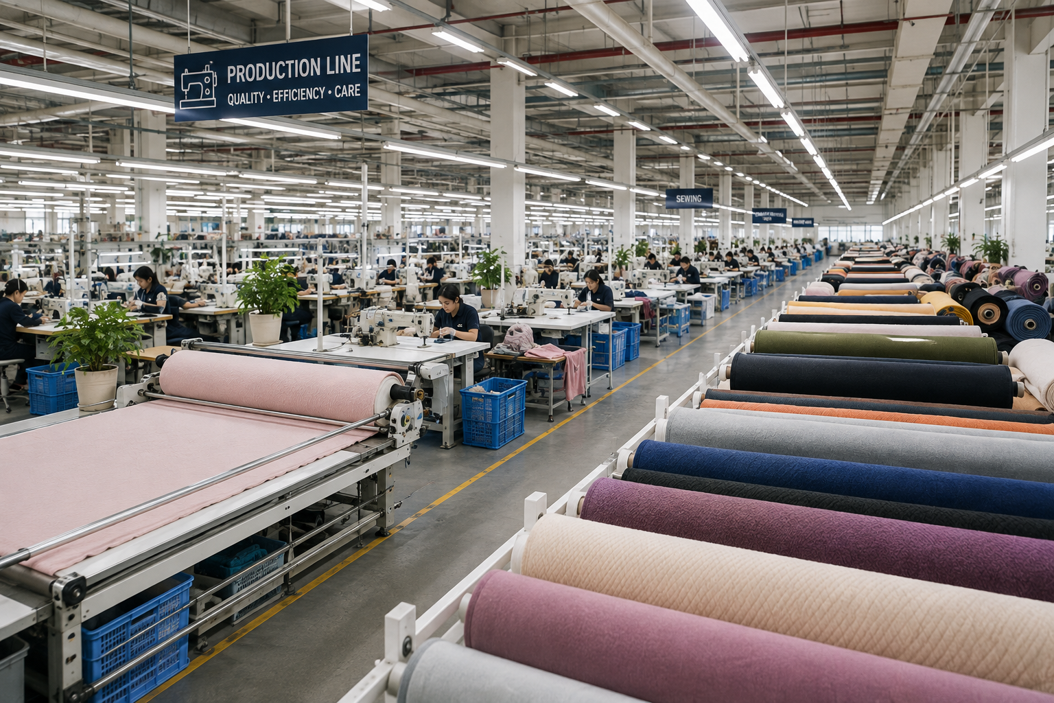 an image showing a large factory production line with rolls of fabric