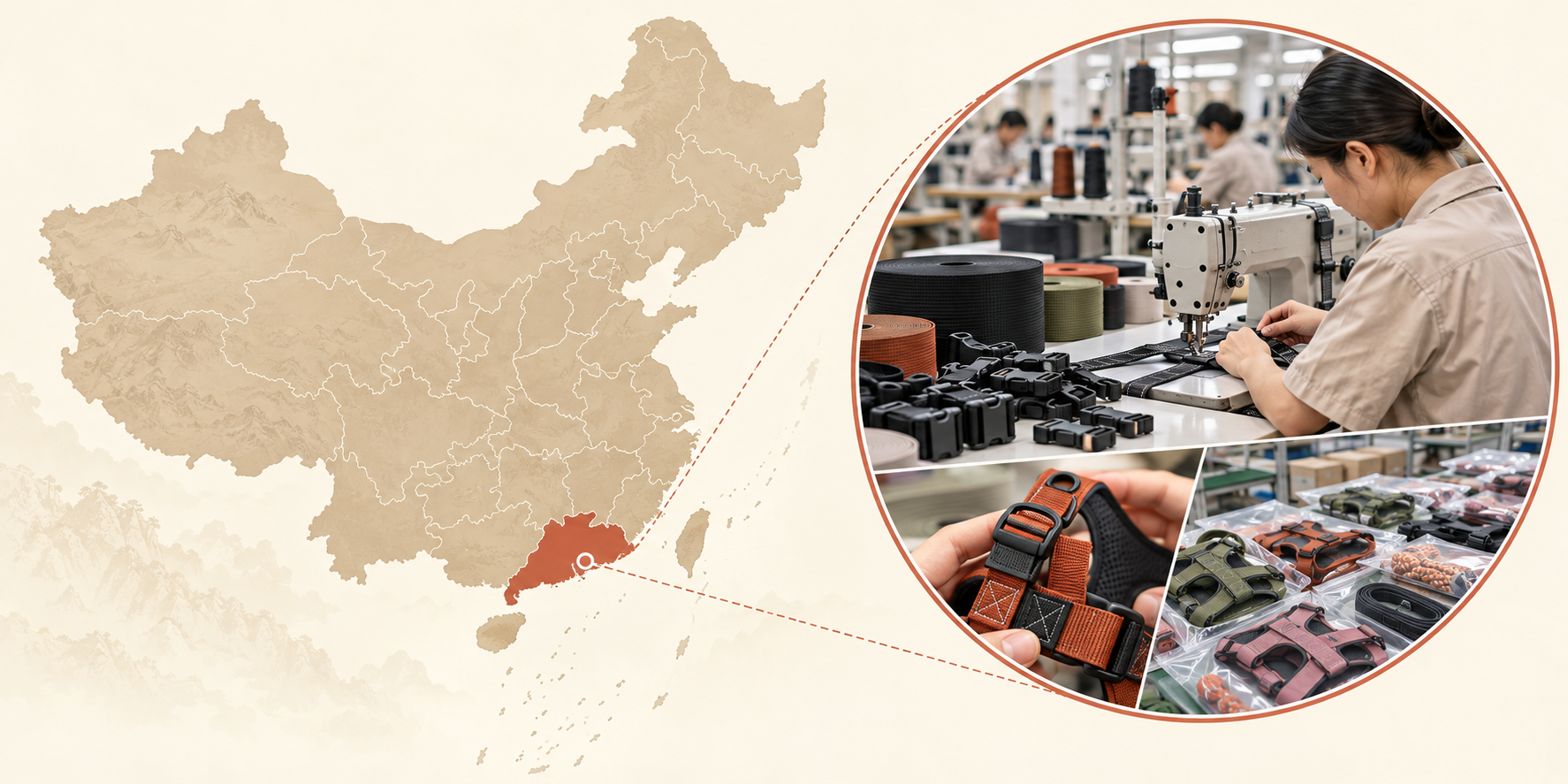 Map of China highlighting the Guangdong province manufacturing hub for pet products