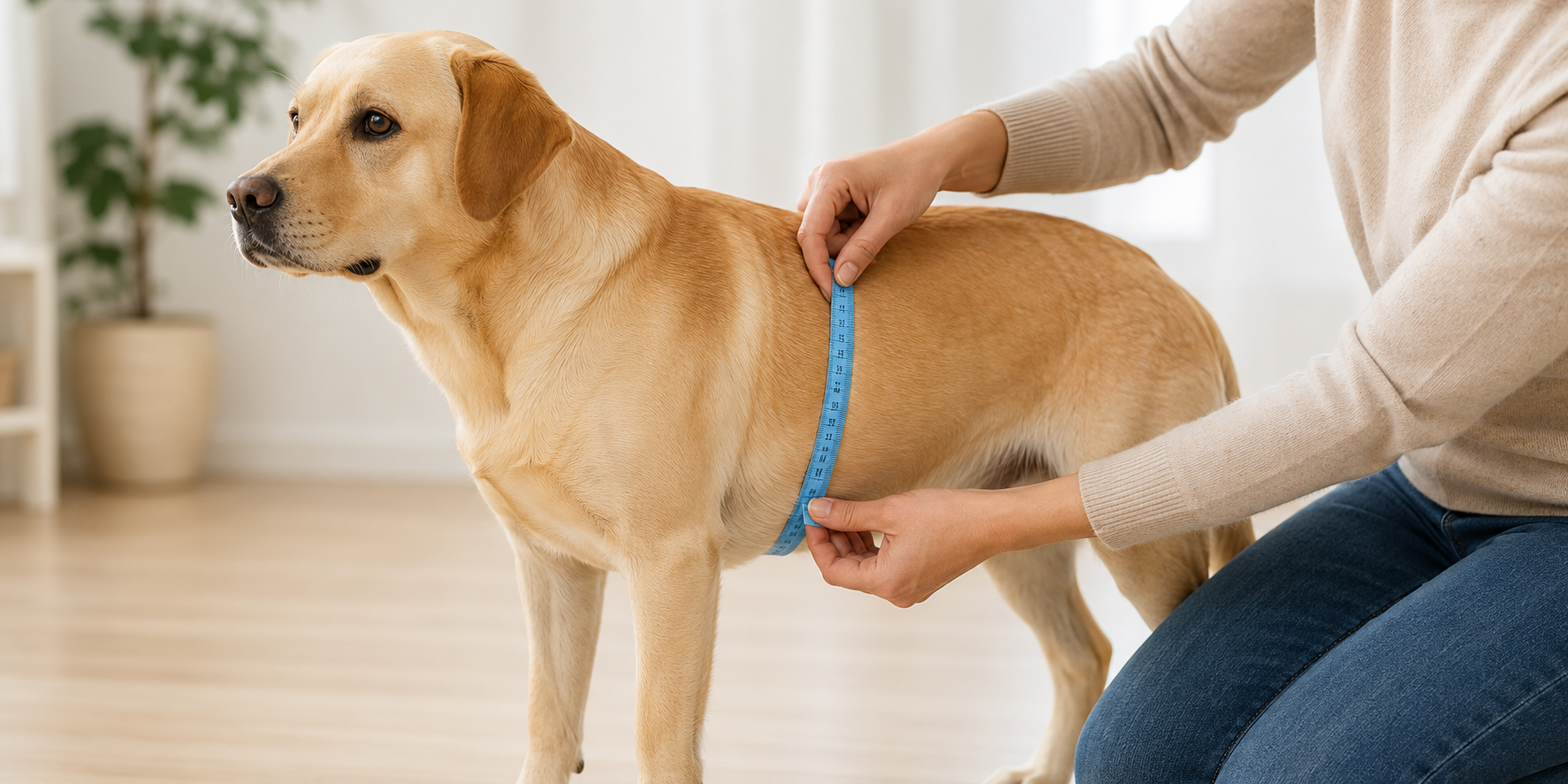 A person using a soft tape measure on a dog's chest