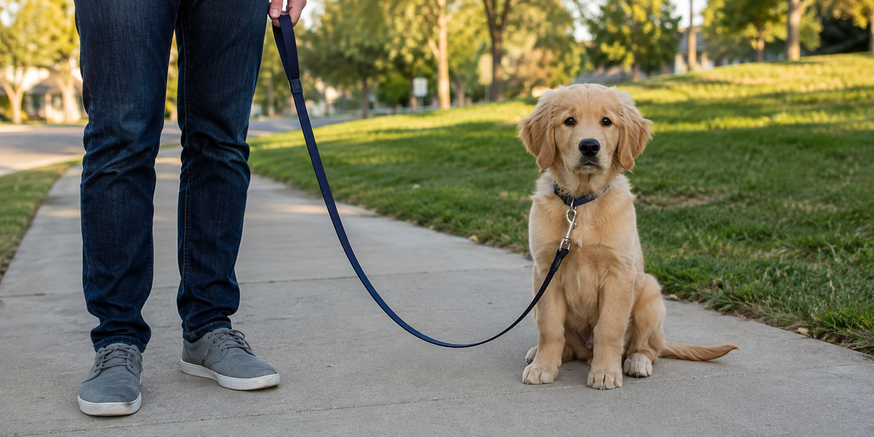 A puppy on a 6-foot leash sitting next to its owner's feet