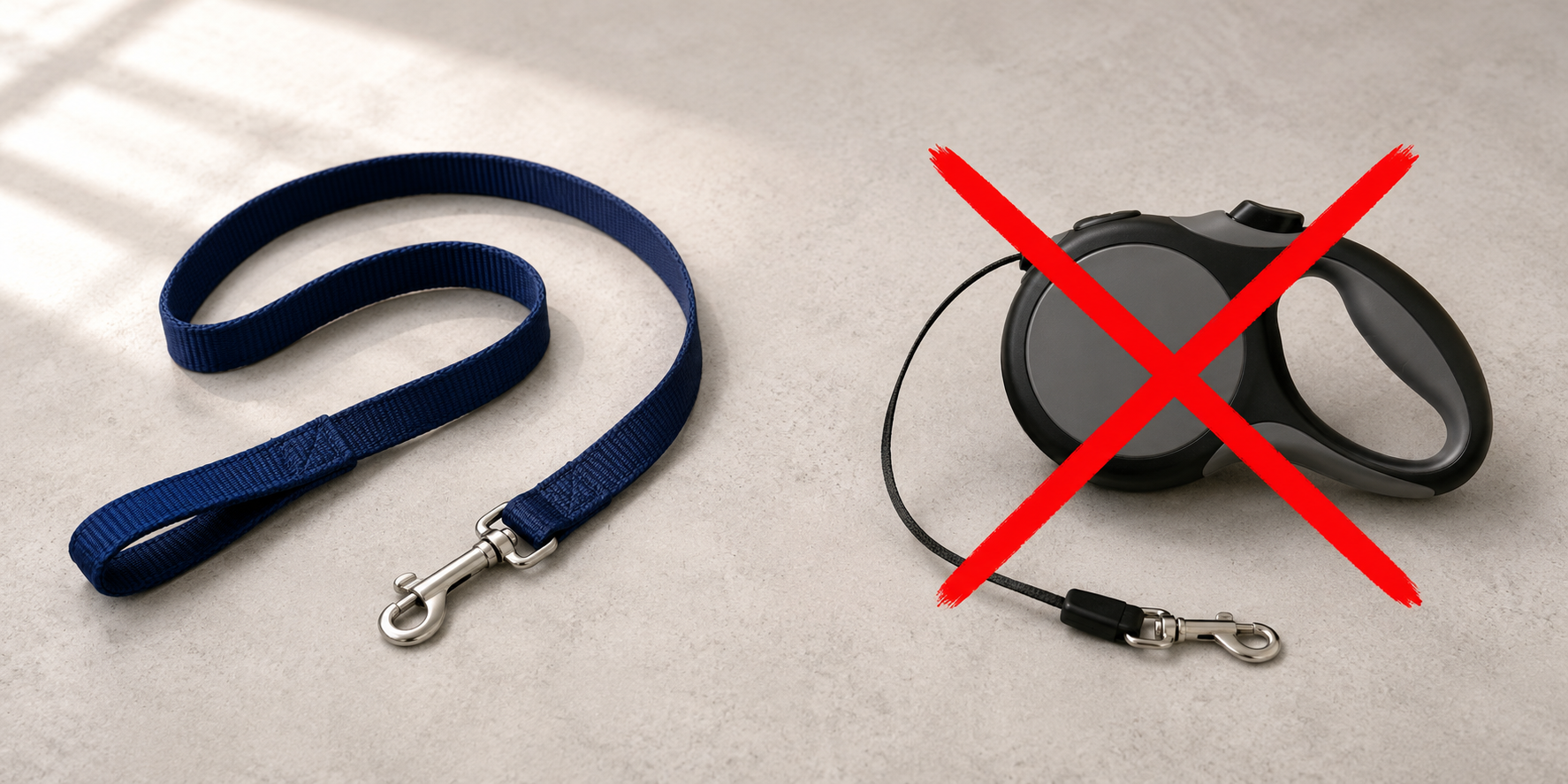 A standard leash next to a retractable leash with a red 'X' over the retractable one