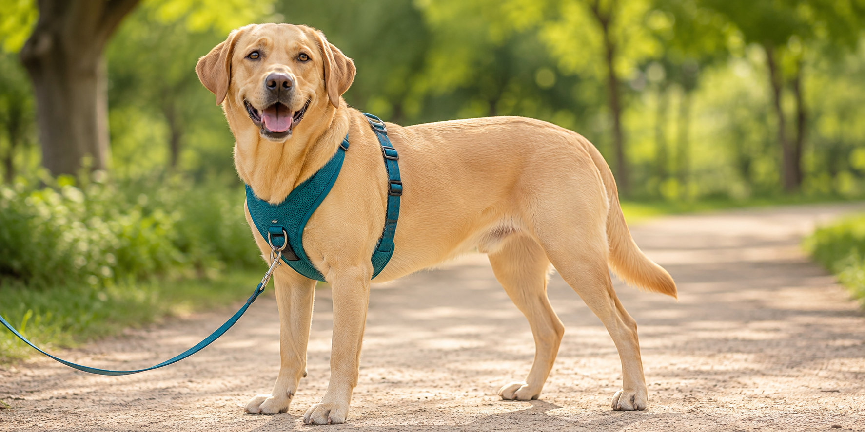 A dog wearing a well-fitted no-pull harness